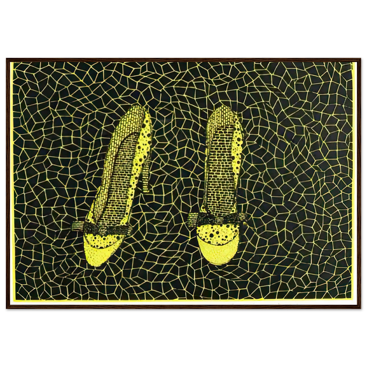 Yayoi Kusama framed print — Shoes (3) turns a footwear object into an image about shape, balance and individuality, dark wood frame, 70x100 cm / 28x40″
