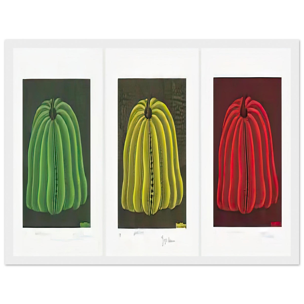 Yayoi Kusama framed print — Pumpkin 2000 (Set) uses a set treatment to reinterpret one of Kusama’s most affectionate subjects, white frame, 30x40 cm / 12x16″