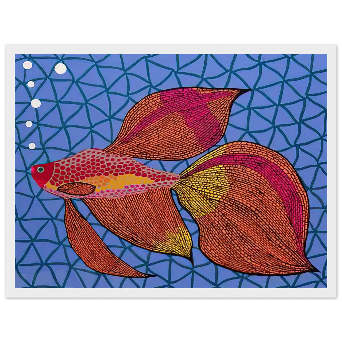 Yayoi Kusama framed print — Goldfish shifts Kusama’s attention from land-based motifs to an aquatic creature whose graceful outline invites a playful graphic treatment, white frame, 30x40 cm / 12x16″