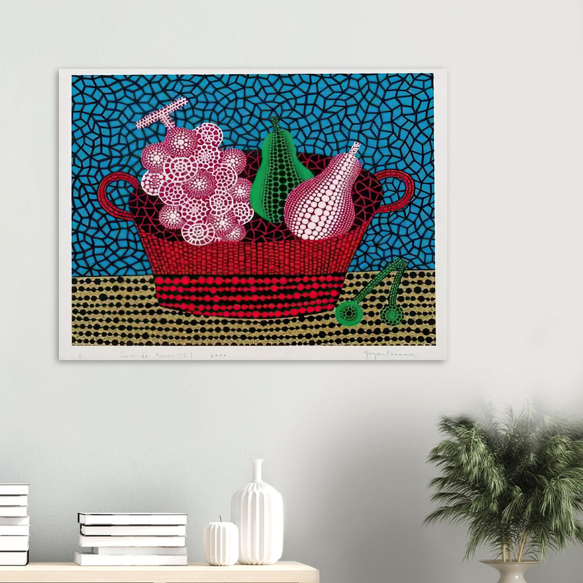 Yayoi Kusama poster — Panier de Fruits II from Amour pour Toujours turns a basket of fruit into a lively decorative still life