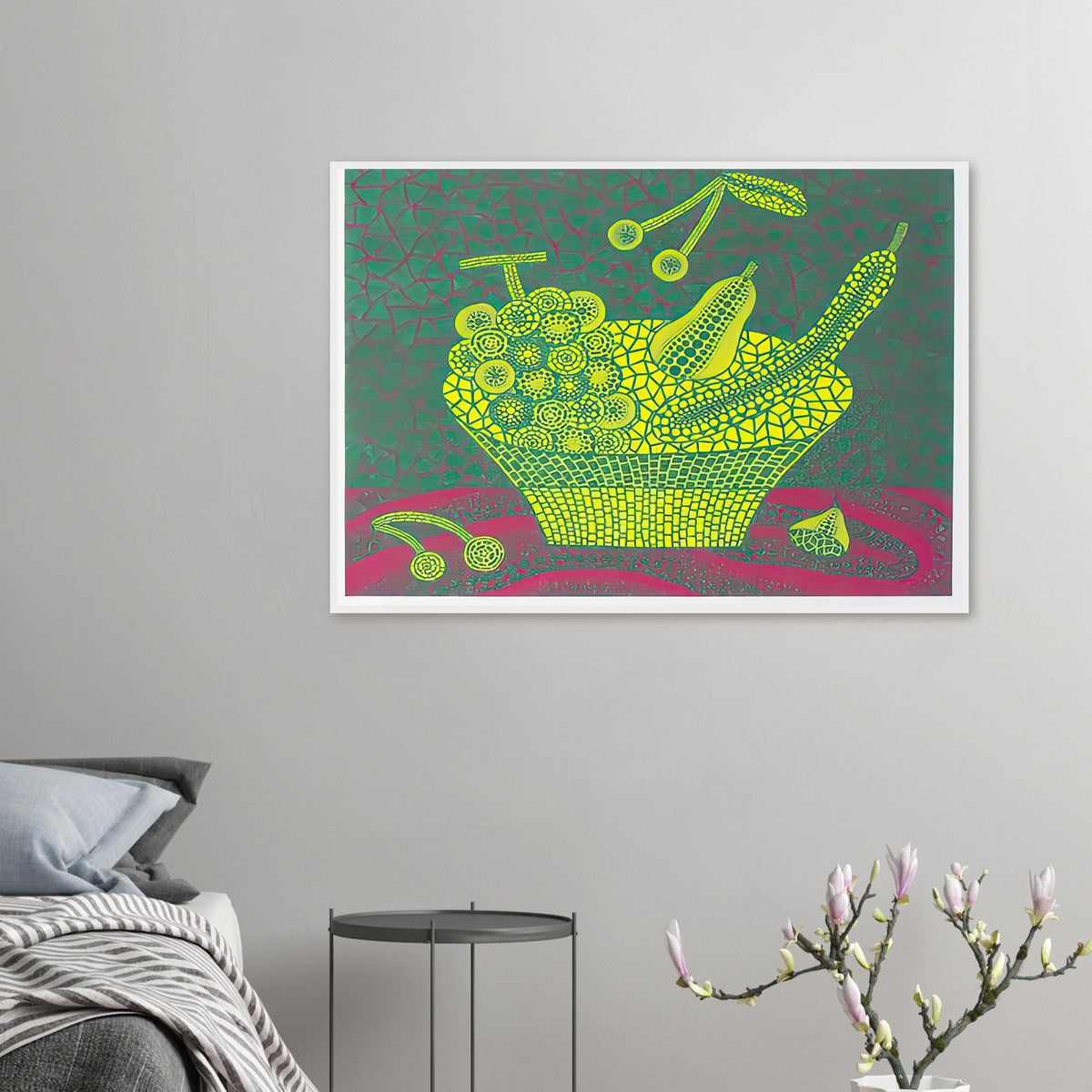 Yayoi Kusama framed print — Fruit Basket (4) by Yayoi Kusama explores one of the artist’s recurring subjects: the abundance of ordinary fruit