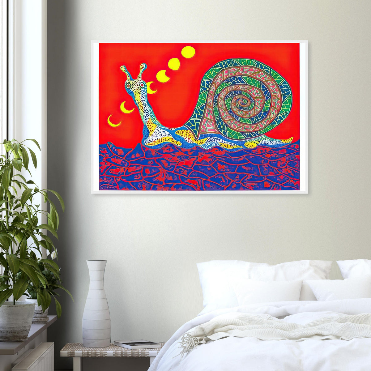 Yayoi Kusama framed print — Snail takes a slow-moving creature and makes its spiral shell and delicate movement the center of attention