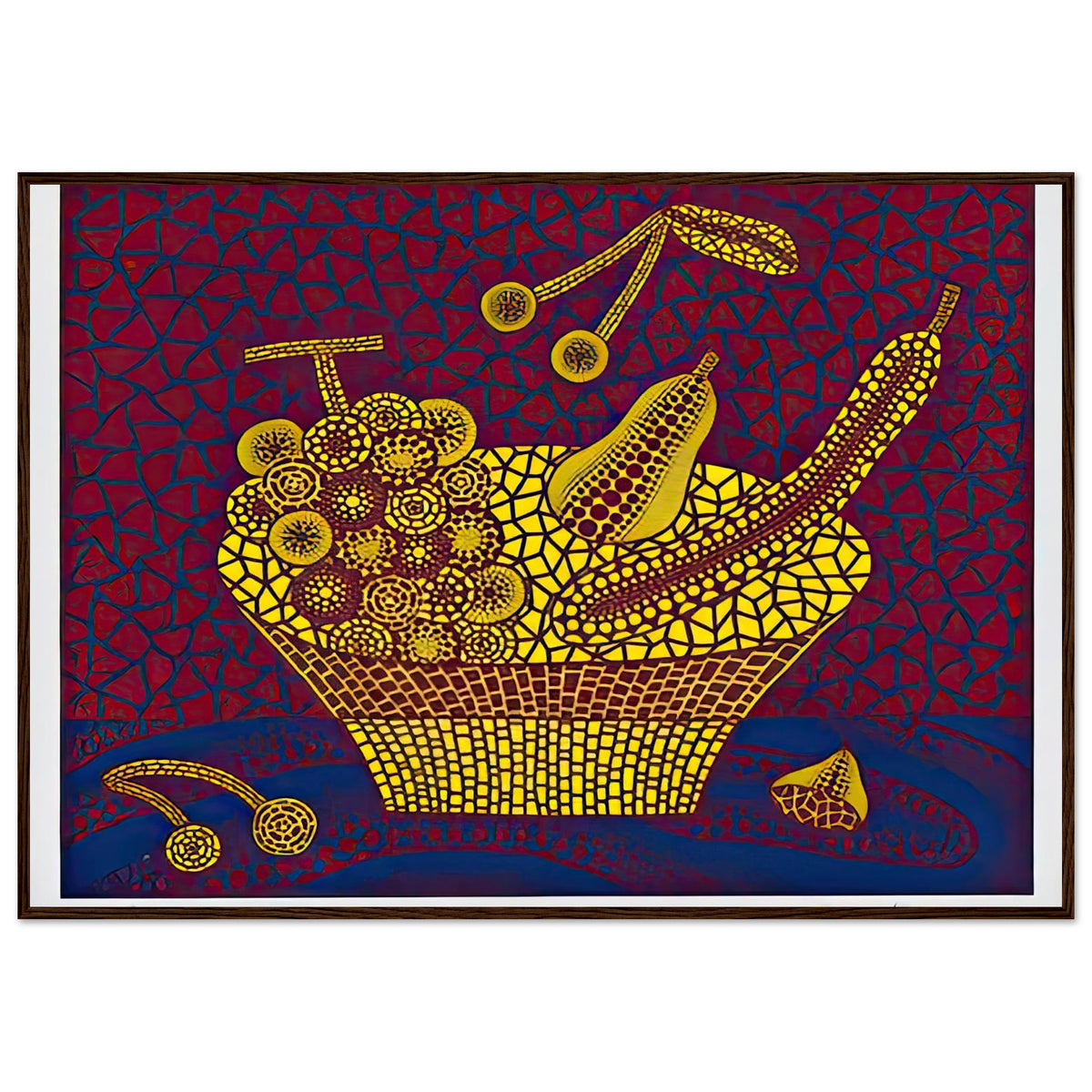 Yayoi Kusama framed print — Fruit Basket (2) by Yayoi Kusama explores one of the artist’s recurring subjects: the abundance of ordinary fruit, dark wood frame, 70x100 cm / 28x40″