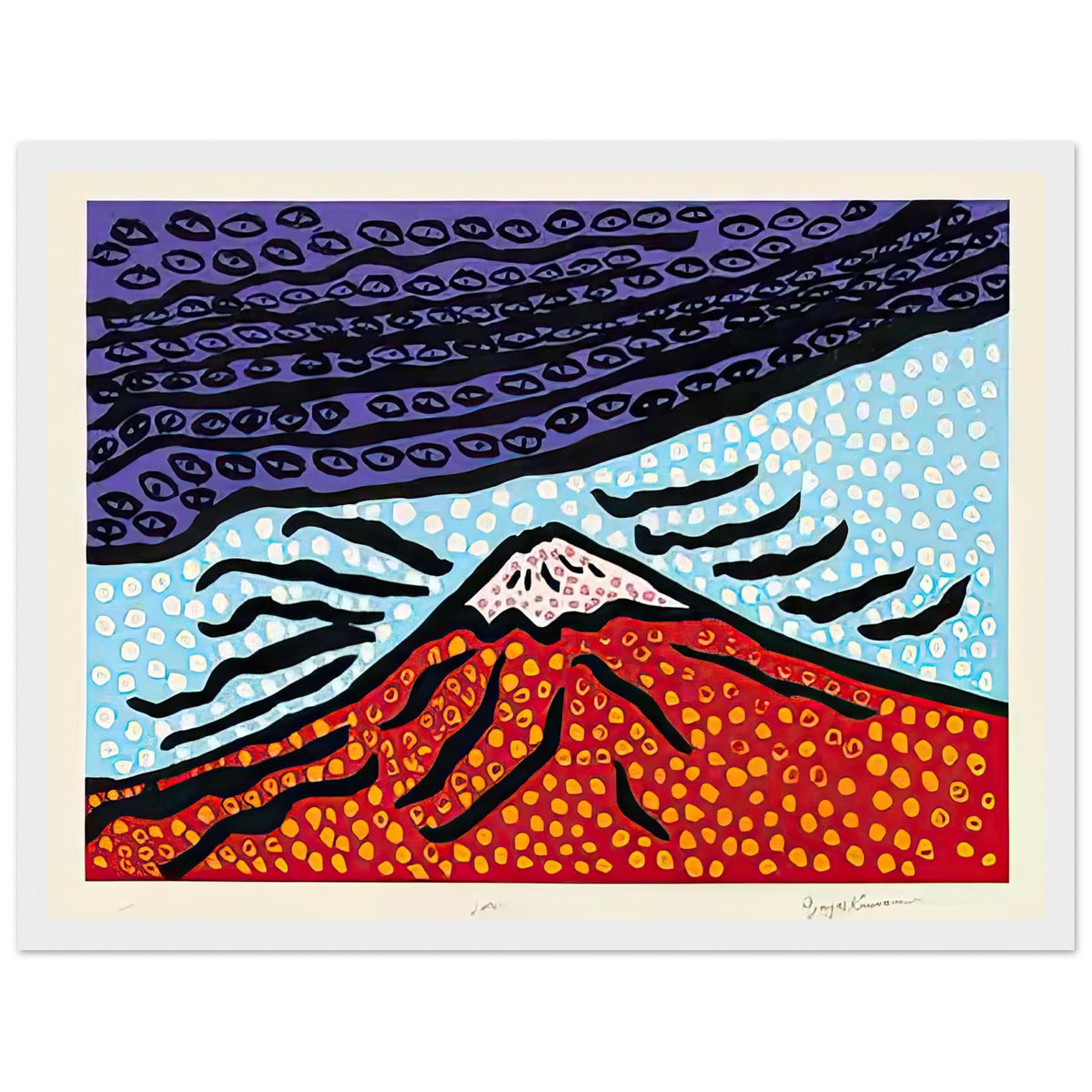 Yayoi Kusama framed print — Mt. Fuji Is the Home of My Heart presents Japan’s most recognizable mountain as a subject of personal belonging rather than simple, white frame, 30x40 cm / 12x16″