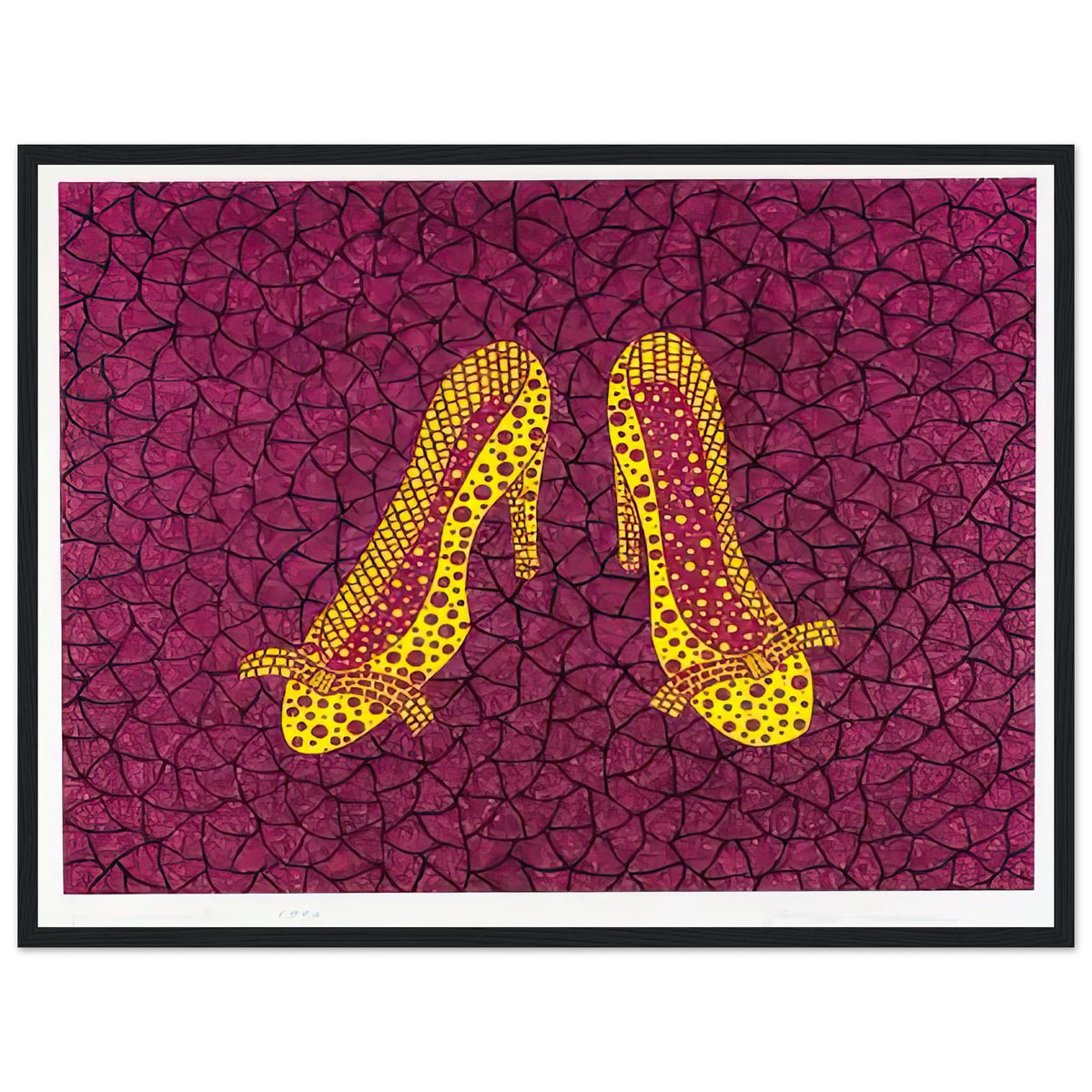 Yayoi Kusama framed print — High Heels (2) makes a fashion accessory the protagonist of a Kusama print, black frame, 45x60 cm / 18x24″