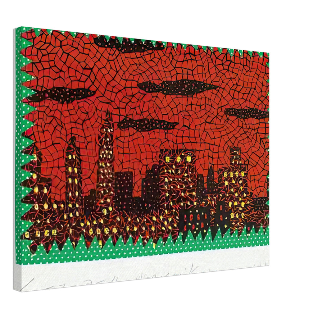 Yayoi Kusama canvas print — New York recalls the city where Kusama developed a radical artistic language of nets, soft sculpture and experimental performance, 45x60 cm / 18x24″