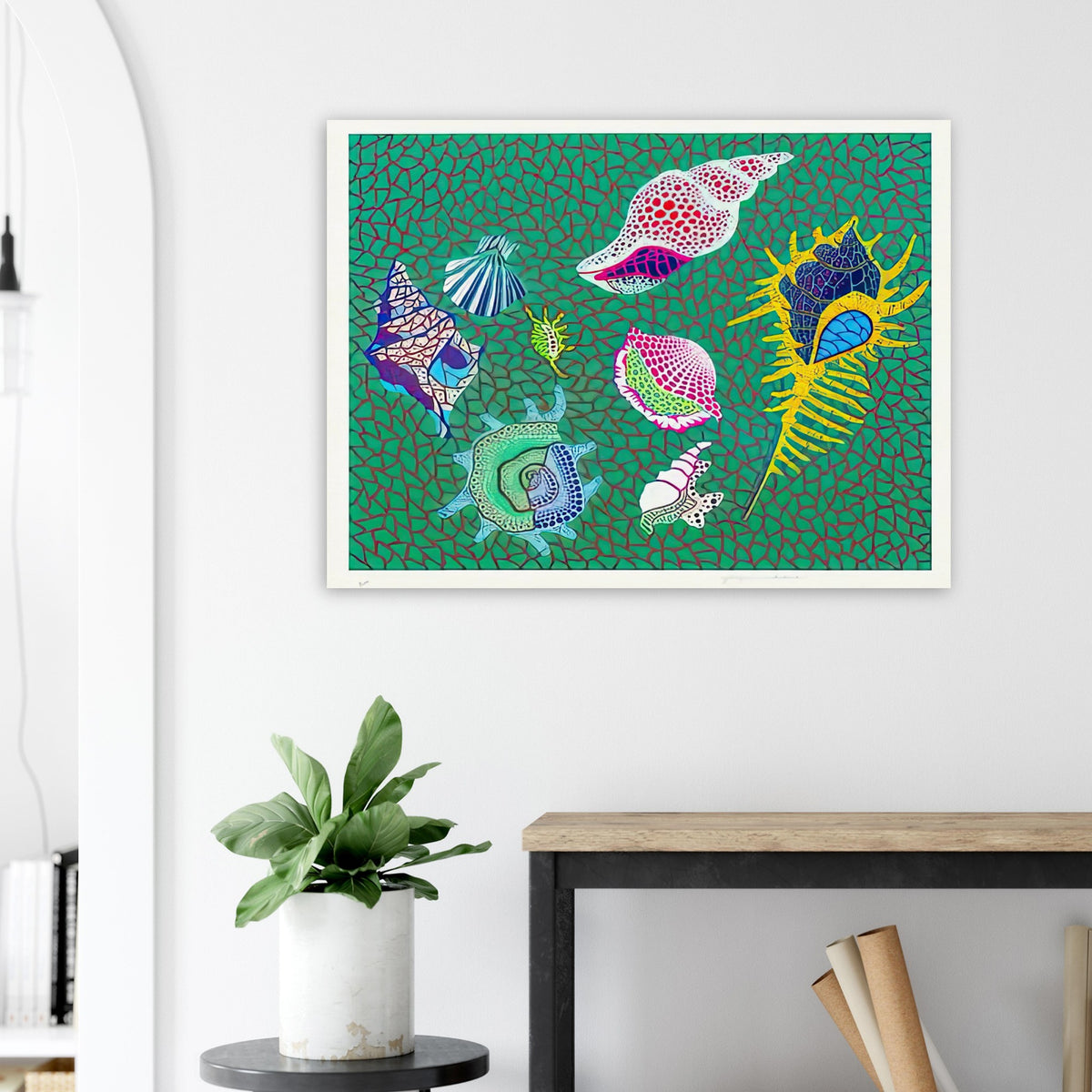 Yayoi Kusama poster — Shells draws attention to small natural objects whose curved structures and repeating ridges are already pattern-like