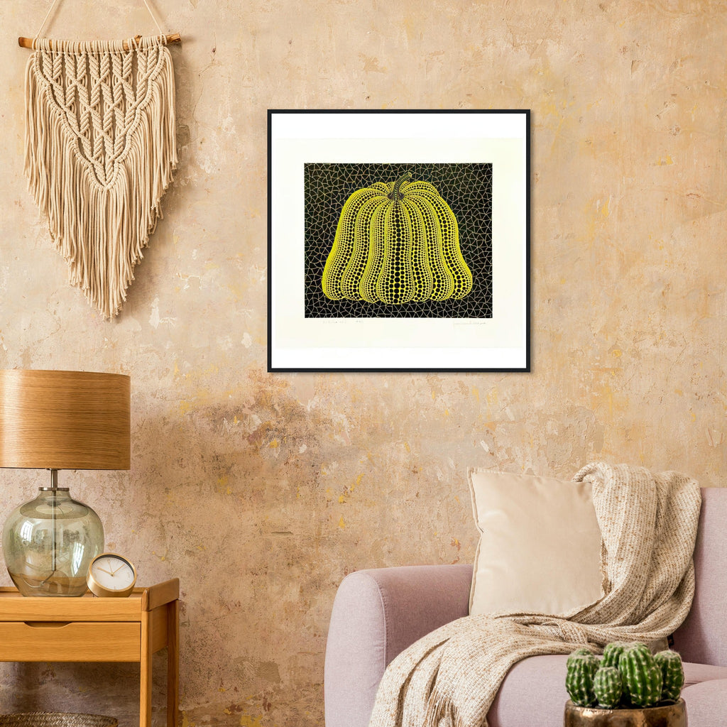 Yayoi Kusama framed print — Pumpkin MY sits alongside Pumpkin MT in Kusama’s printmaking but remains its own image