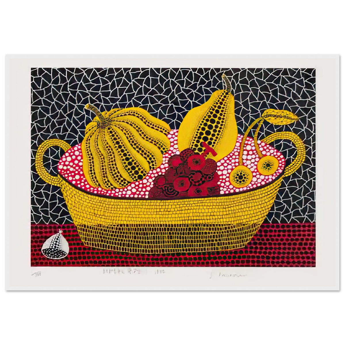 Yayoi Kusama framed print — Pumpkin and Fruits brings a dotted pumpkin into a richly populated still life rather than isolating the gourd on its own, white frame, 70x100 cm / 28x40″