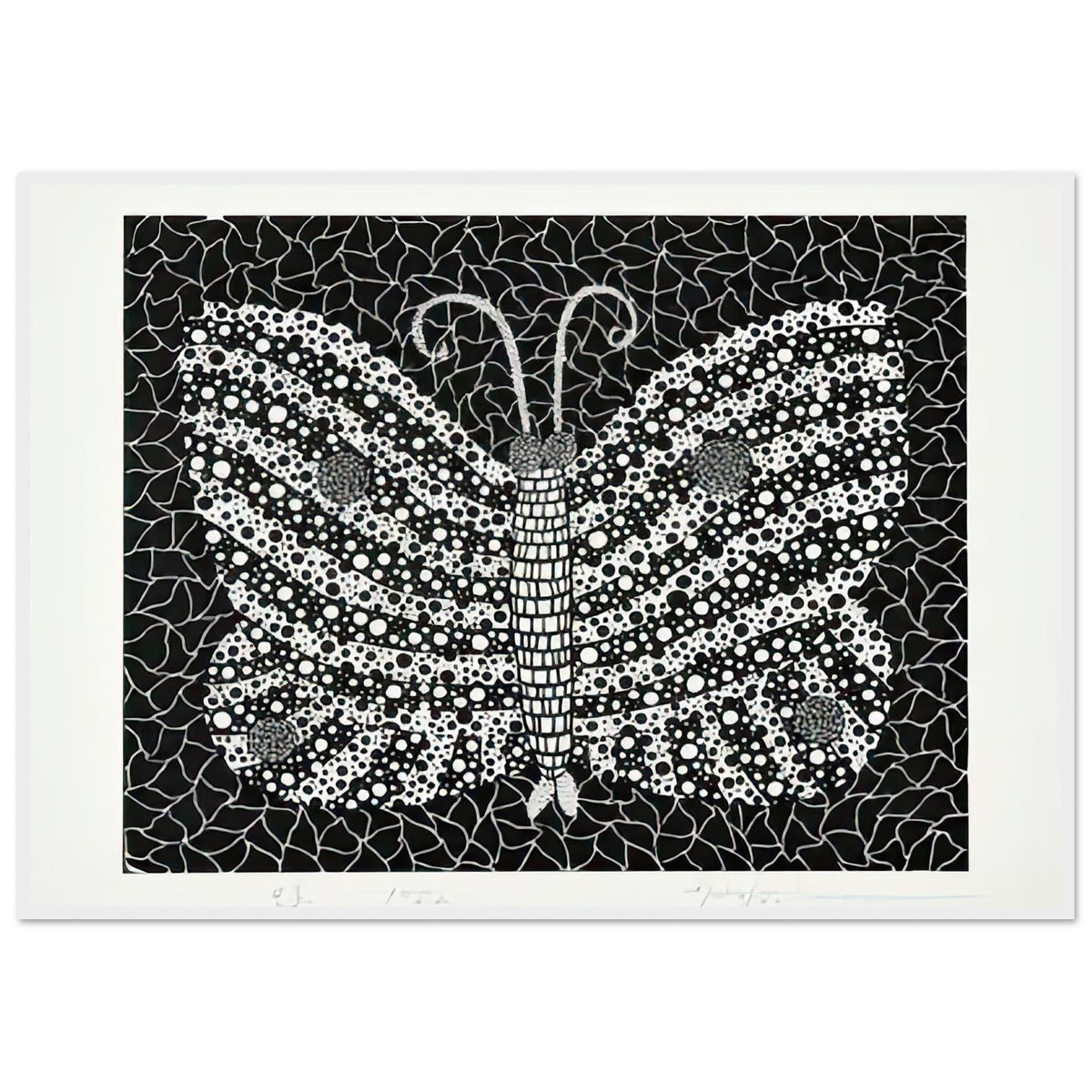 Yayoi Kusama framed print — Butterfly [Kusama 18] by Yayoi Kusama takes the lightness of a butterfly and gives it graphic intensity through pattern, white frame, 70x100 cm / 28x40″