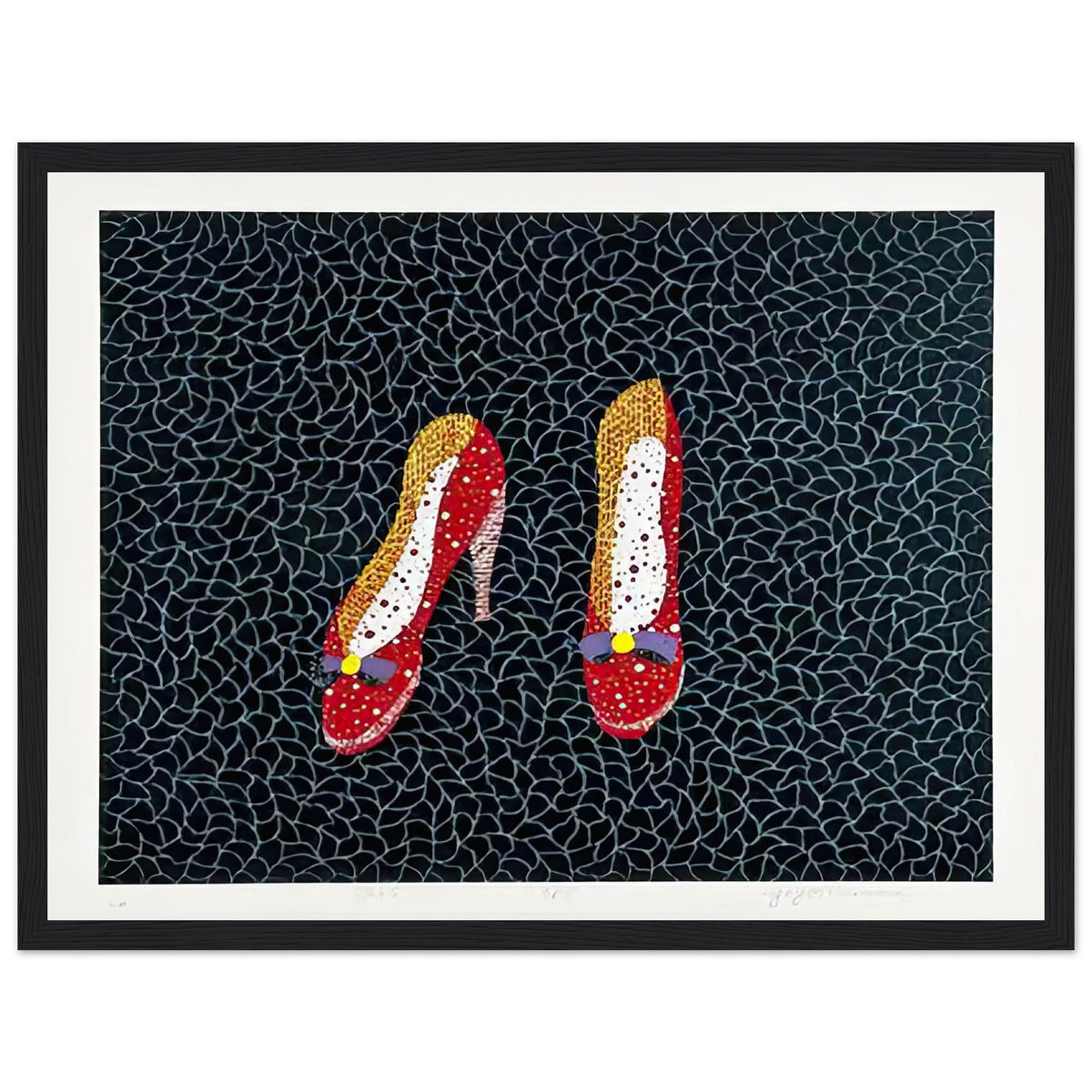 Yayoi Kusama framed print — Shoes (2) turns a footwear object into an image about shape, balance and individuality, black frame, 30x40 cm / 12x16″
