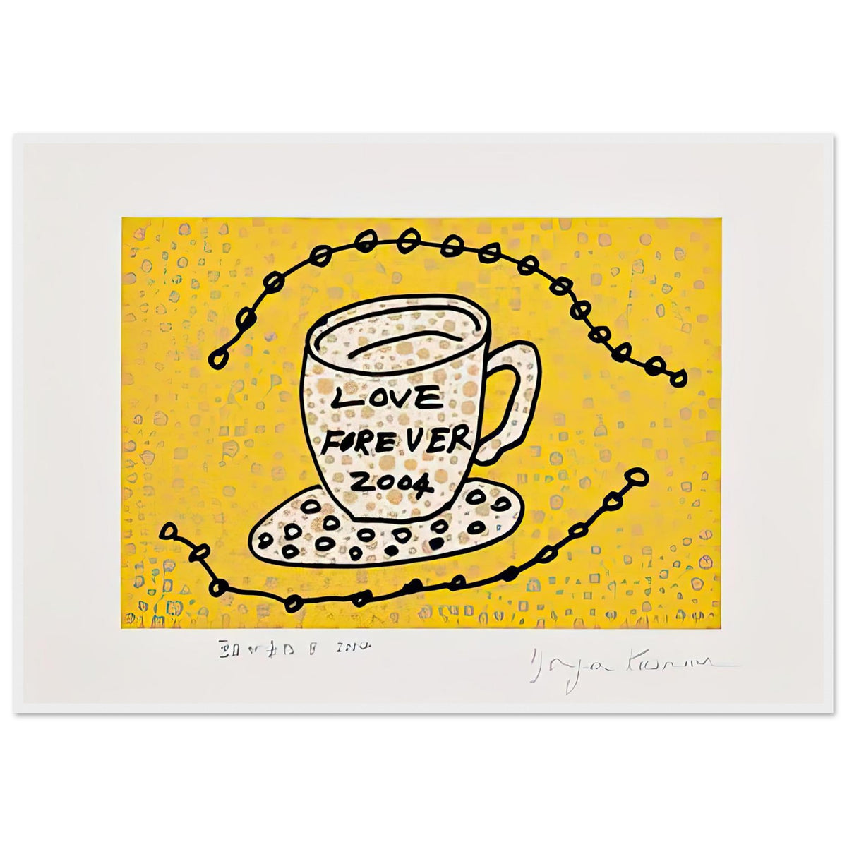 Yayoi Kusama framed print — Morning Is Here (B) joins a series of compact 2004 prints in which the beginning of the day becomes a subject for personal symbols and tightly controlled graphic, white frame, 70x100 cm / 28x40″