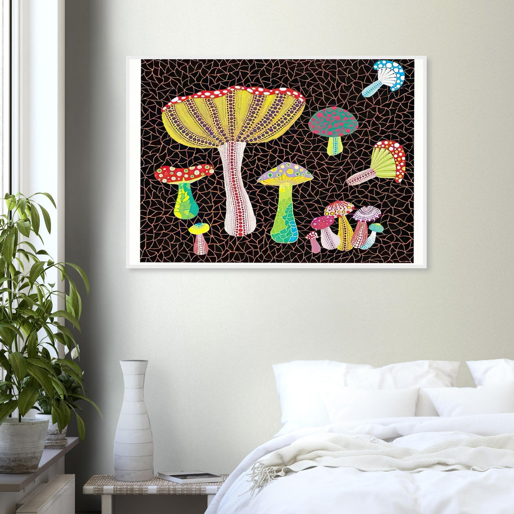 Yayoi Kusama framed print — Toadstools explores the eccentric shapes of woodland fungi, balancing rounded caps and slender supports
