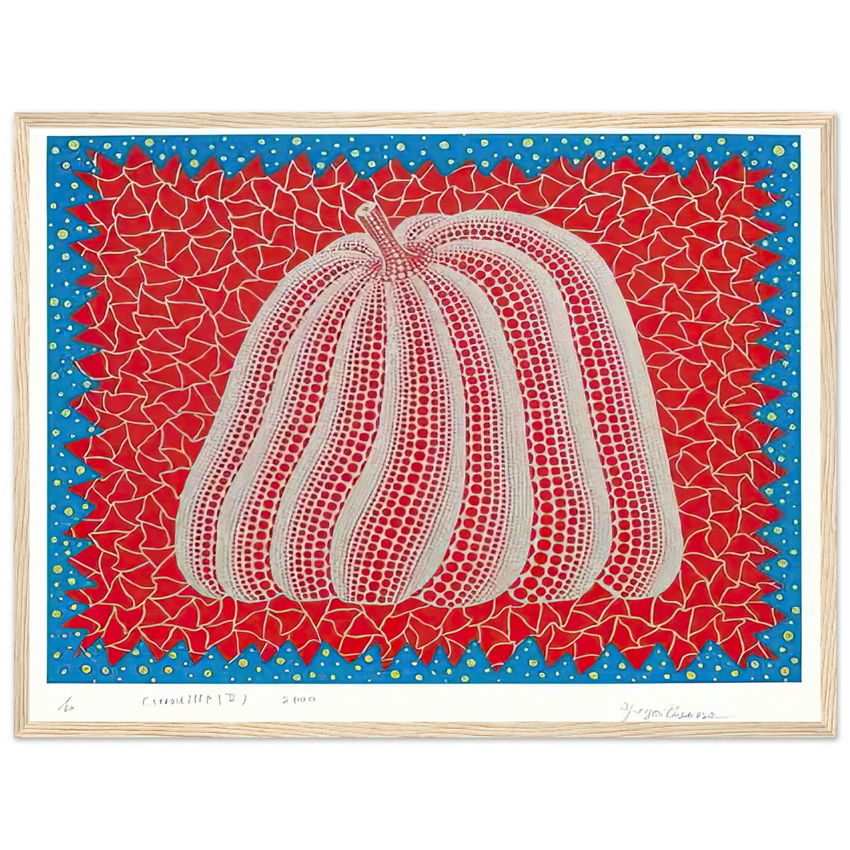 Yayoi Kusama framed print — Citrouille II from Amour pour Toujours gives Kusama’s beloved pumpkin a celebratory role within a portfolio devoted to love, wood frame, 45x60 cm / 18x24″