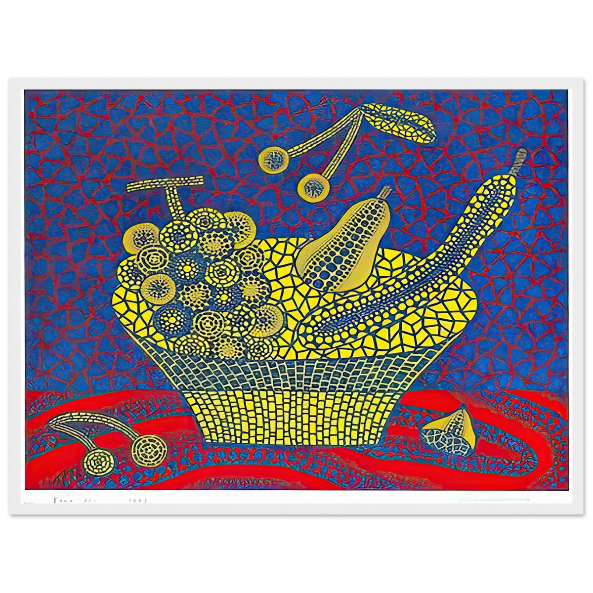 Yayoi Kusama framed print — Fruit Basket (1) by Yayoi Kusama explores one of the artist’s recurring subjects: the abundance of ordinary fruit, white frame, 45x60 cm / 18x24″