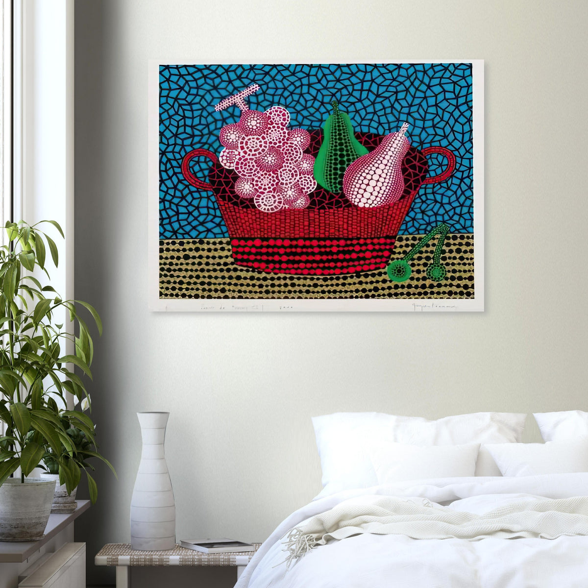 Yayoi Kusama poster — Panier de Fruits II from Amour pour Toujours turns a basket of fruit into a lively decorative still life