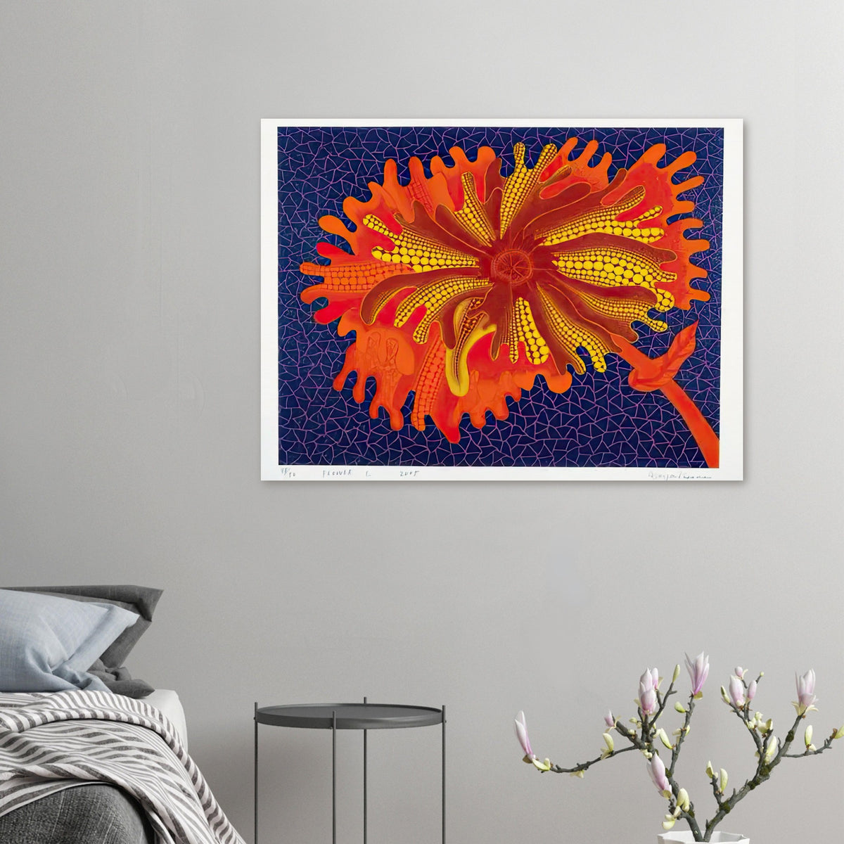 Yayoi Kusama poster — Flower (C) treats a single flowering motif as a complete visual world
