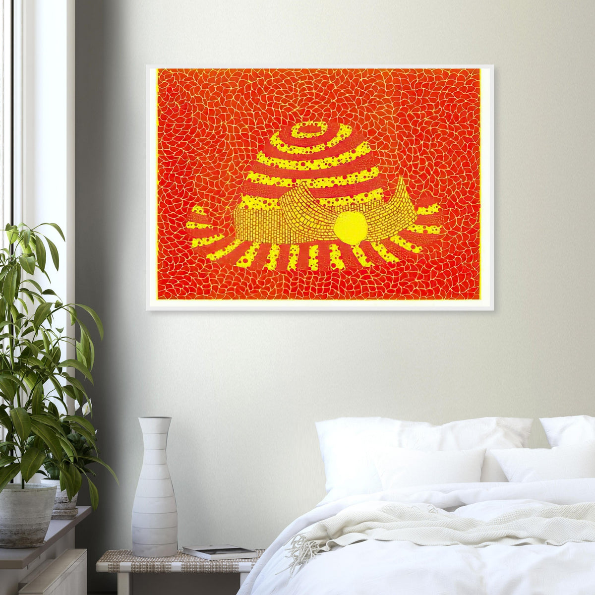 Yayoi Kusama framed print — Hat (Orange) presents a familiar accessory as an exercise in changing color and graphic character