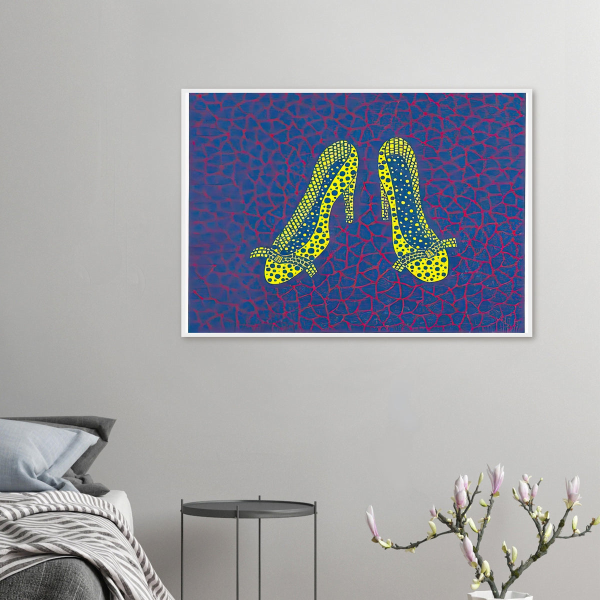 Yayoi Kusama framed print of High Heels (4) — high Heels (4) makes a fashion accessory the protagonist of a Kusama print. The shoe’s recognizable sculptural profile becomes an invitation to think about style, performance and the surprising visual life