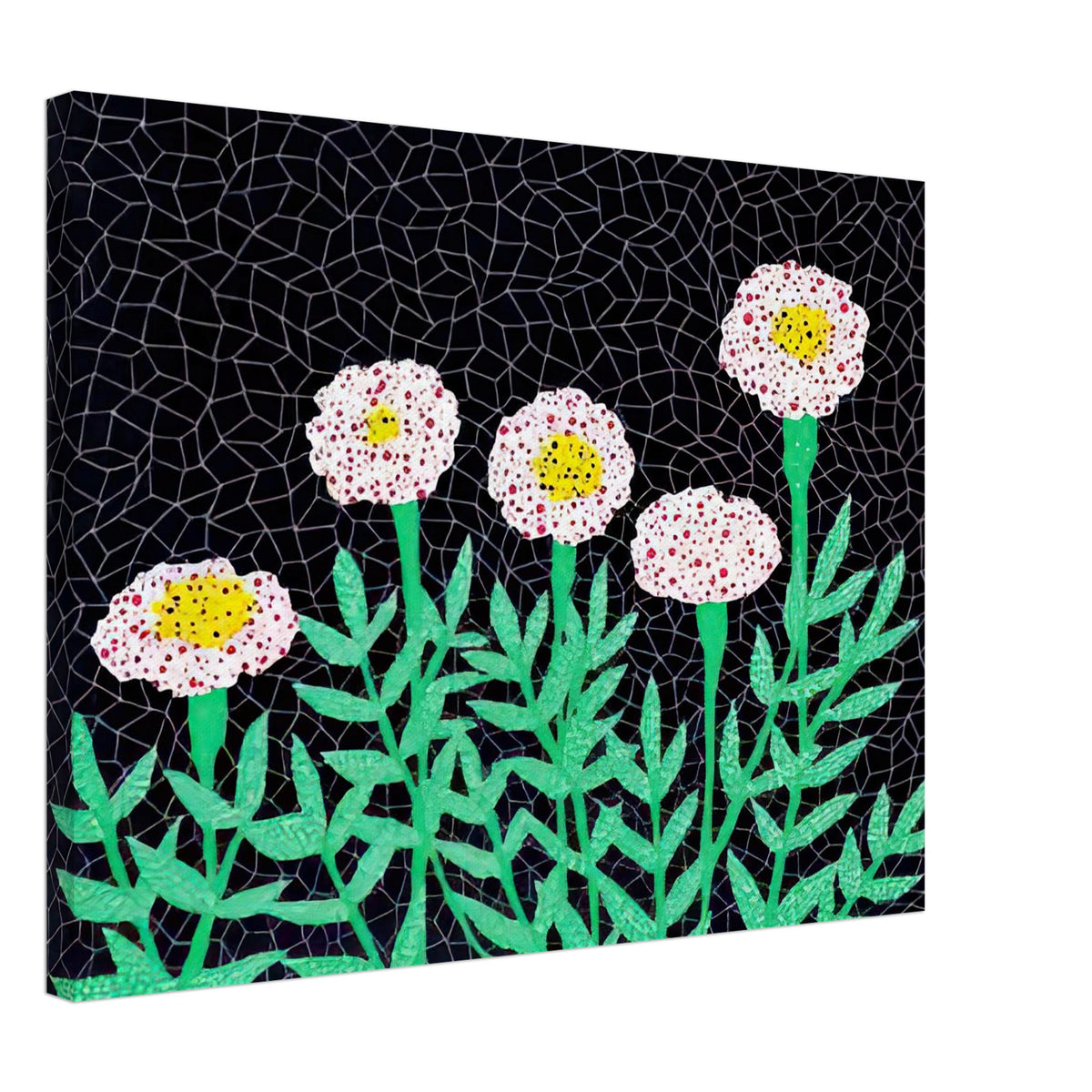 Yayoi Kusama canvas print — Flowers 1 places blooming forms at the center of the composition, 45x60 cm / 18x24″