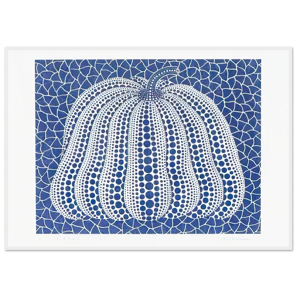 Yayoi Kusama framed print — Pumpkin (Blue, Version 2) presents Kusama’s familiar pumpkin through an explicitly blue variation, white frame, 70x100 cm / 28x40″