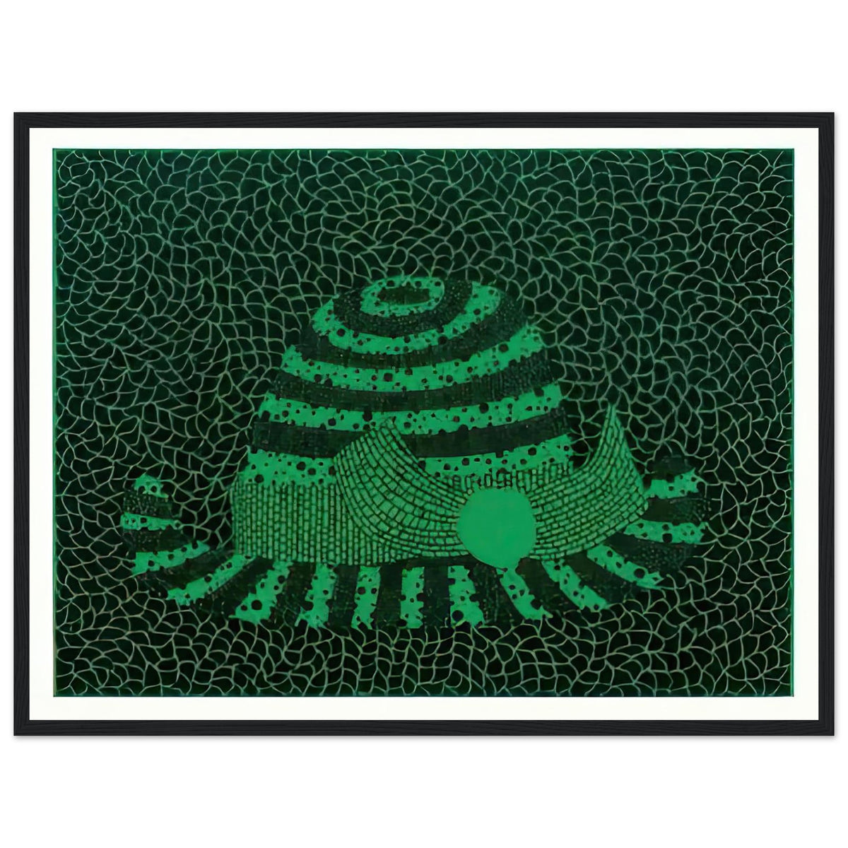 Yayoi Kusama framed print — Hat (Green) presents a familiar accessory as an exercise in changing color and graphic character, black frame, 45x60 cm / 18x24″