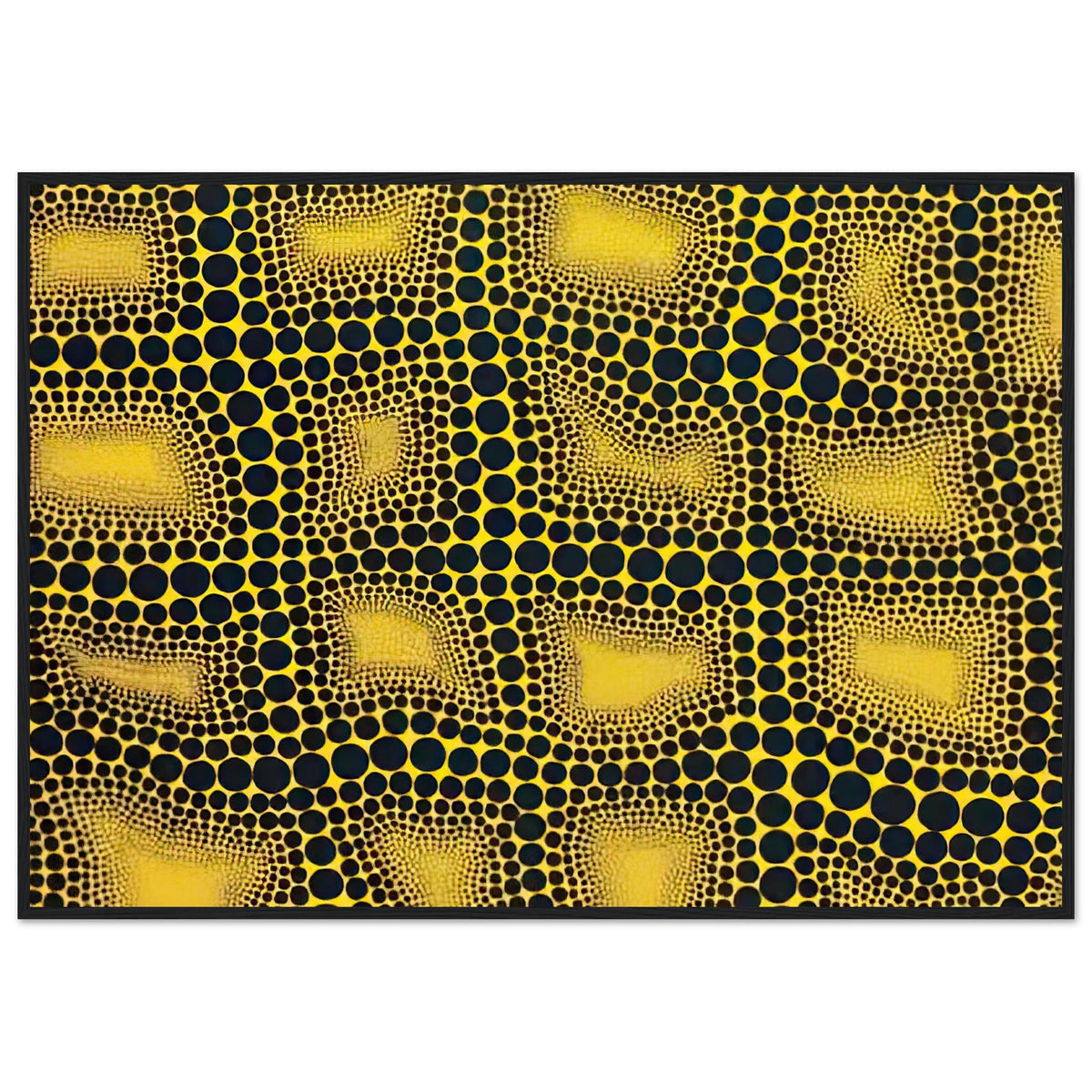 Yayoi Kusama framed print — Town introduces a built environment into Kusama’s range of natural and domestic subjects, black frame, 70x100 cm / 28x40″