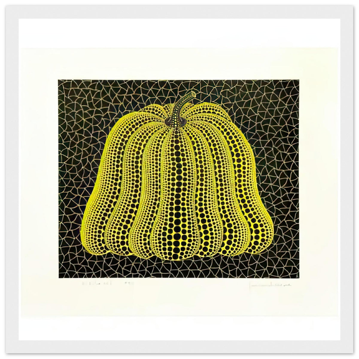 Yayoi Kusama framed print — Pumpkin MY sits alongside Pumpkin MT in Kusama’s printmaking but remains its own image, white frame, 30x30 cm / 12x12″