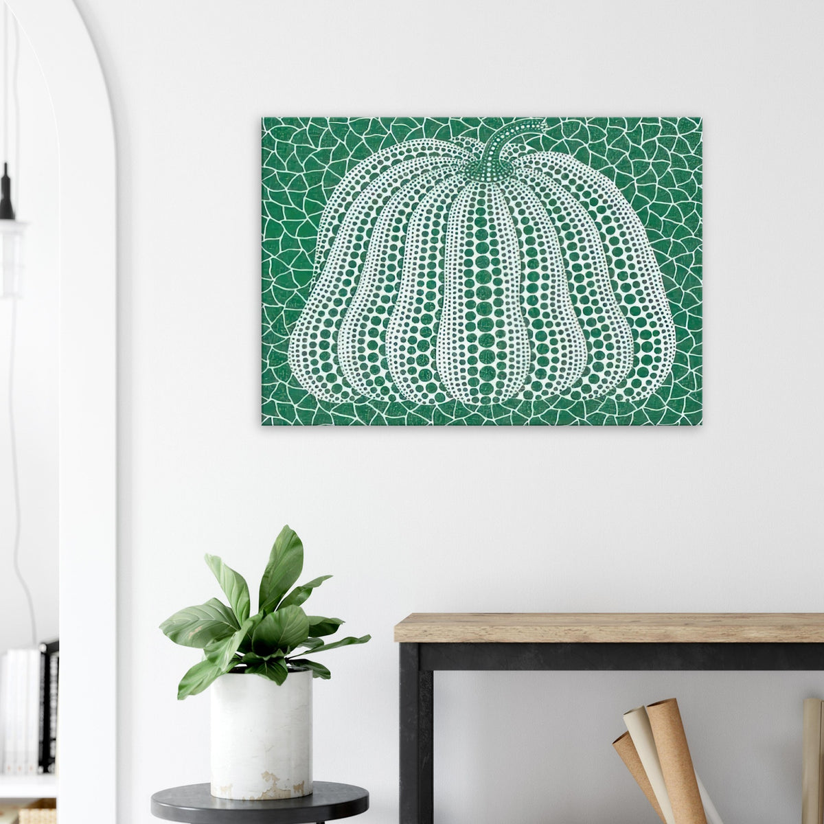 Yayoi Kusama canvas print — Pumpkin Green presents Kusama’s familiar pumpkin through an explicitly green variation