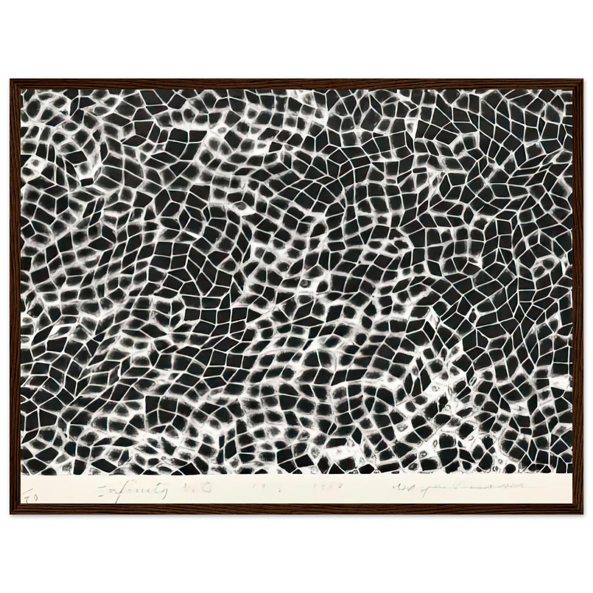 Yayoi Kusama framed print — Infinity Nets (Image 4) explores Kusama’s Infinity Net as a field built from countless repeated marks, dark wood frame, 45x60 cm / 18x24″