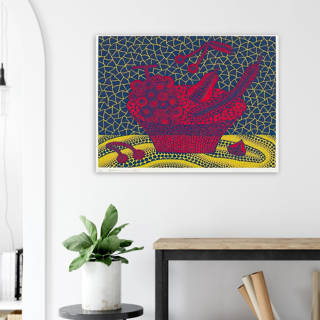 Yayoi Kusama poster — Fruit Basket (5) by Yayoi Kusama explores one of the artist’s recurring subjects: the abundance of ordinary fruit