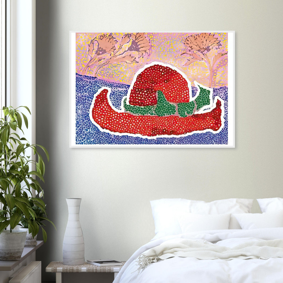 Yayoi Kusama framed print — Hat Left Behind in the Field turns an unattended accessory into a scene with an implied human presence