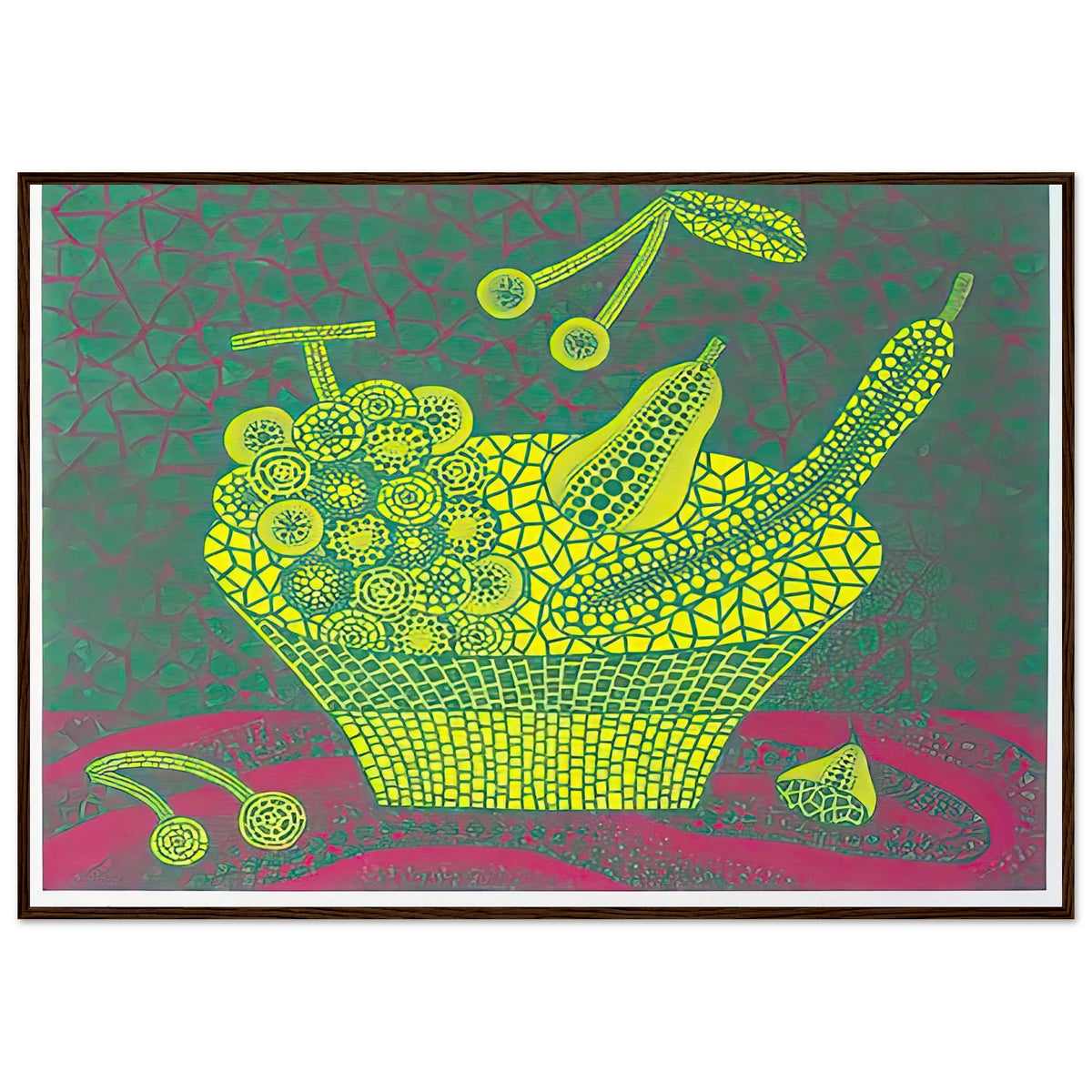 Yayoi Kusama framed print — Fruit Basket (4) by Yayoi Kusama explores one of the artist’s recurring subjects: the abundance of ordinary fruit, dark wood frame, 70x100 cm / 28x40″