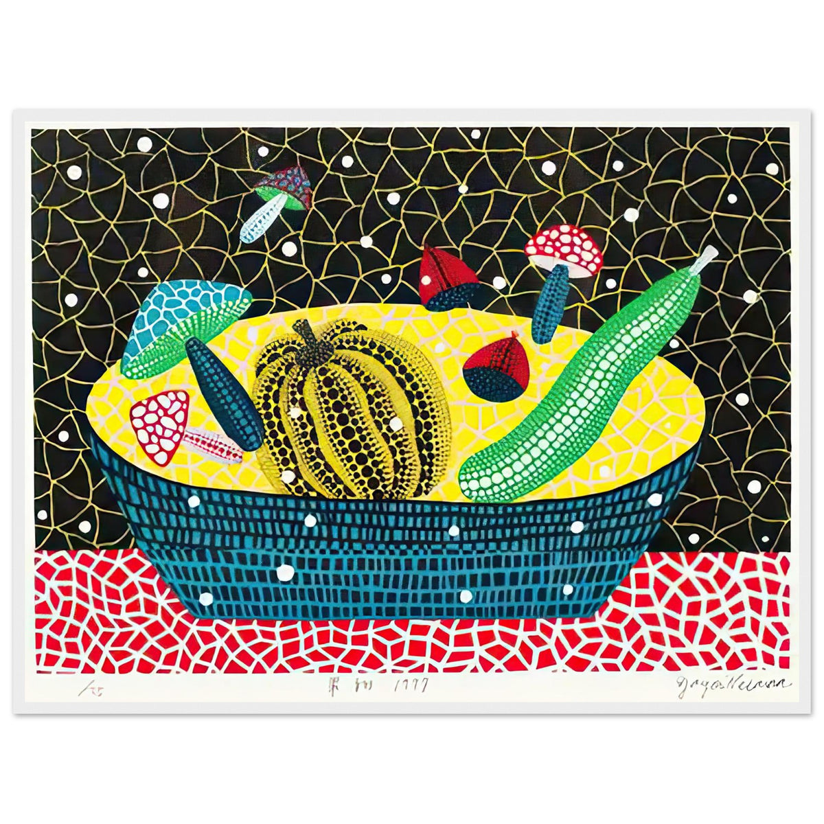 Yayoi Kusama framed print — Fruits (2) turns an arrangement of fruit into a deliberately ornamental still life, white frame, 60x80 cm / 24x32″