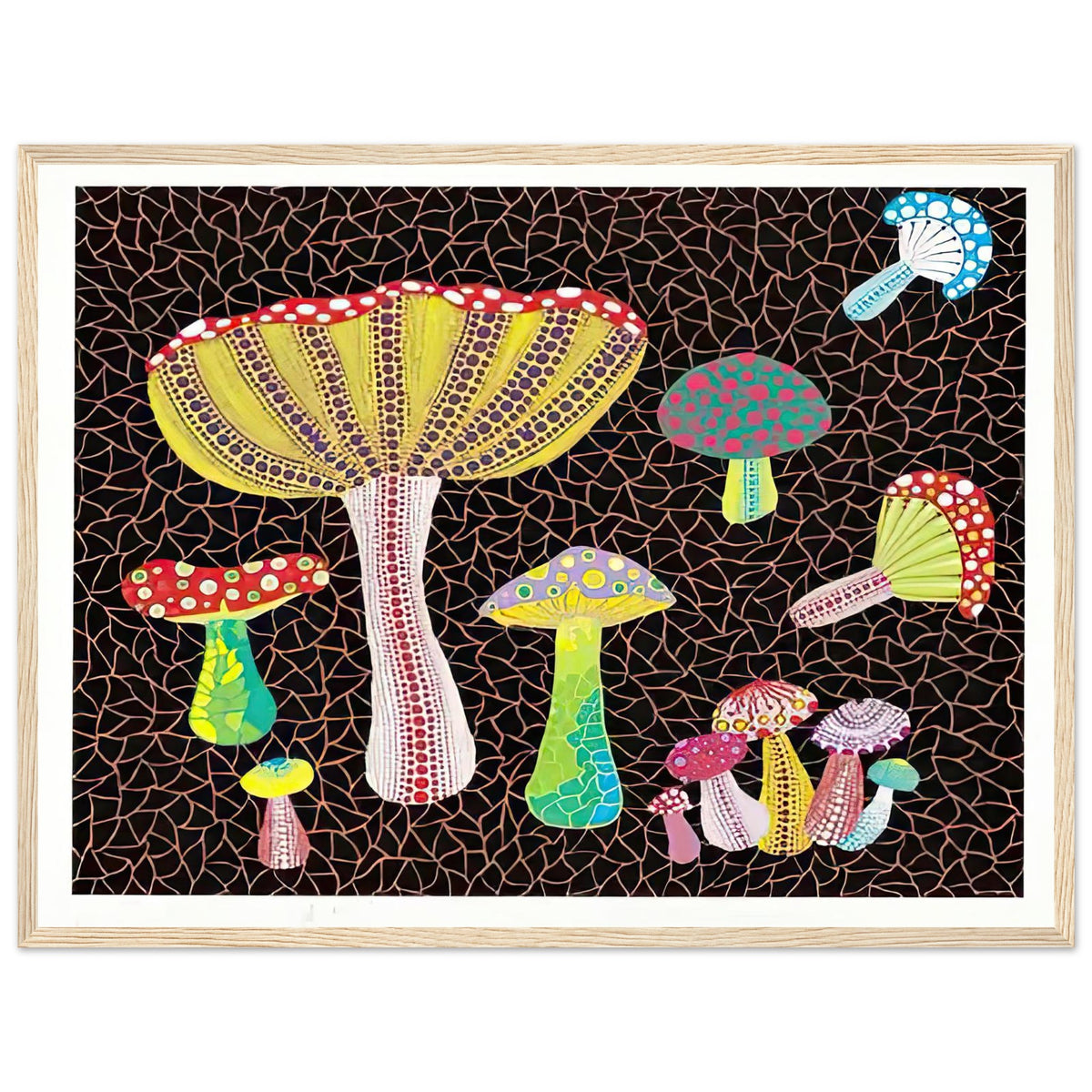 Yayoi Kusama framed print — Toadstools explores the eccentric shapes of woodland fungi, balancing rounded caps and slender supports, wood frame, 45x60 cm / 18x24″
