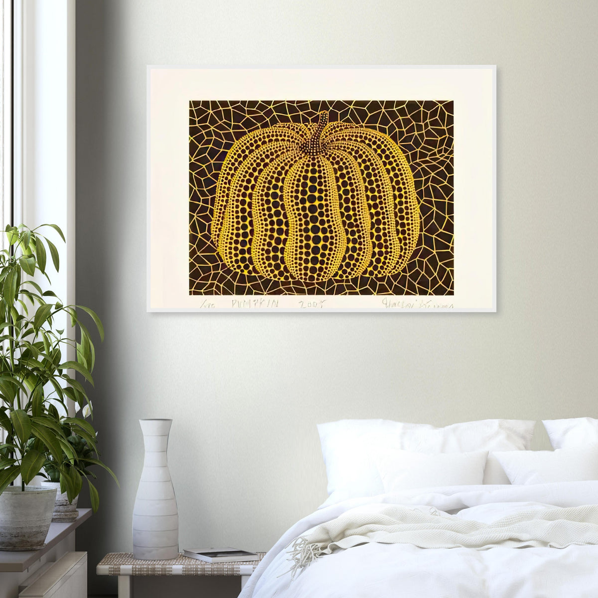 Yayoi Kusama framed print — Small Pumpkin focuses on a compact, approachable version of Kusama’s most familiar motif