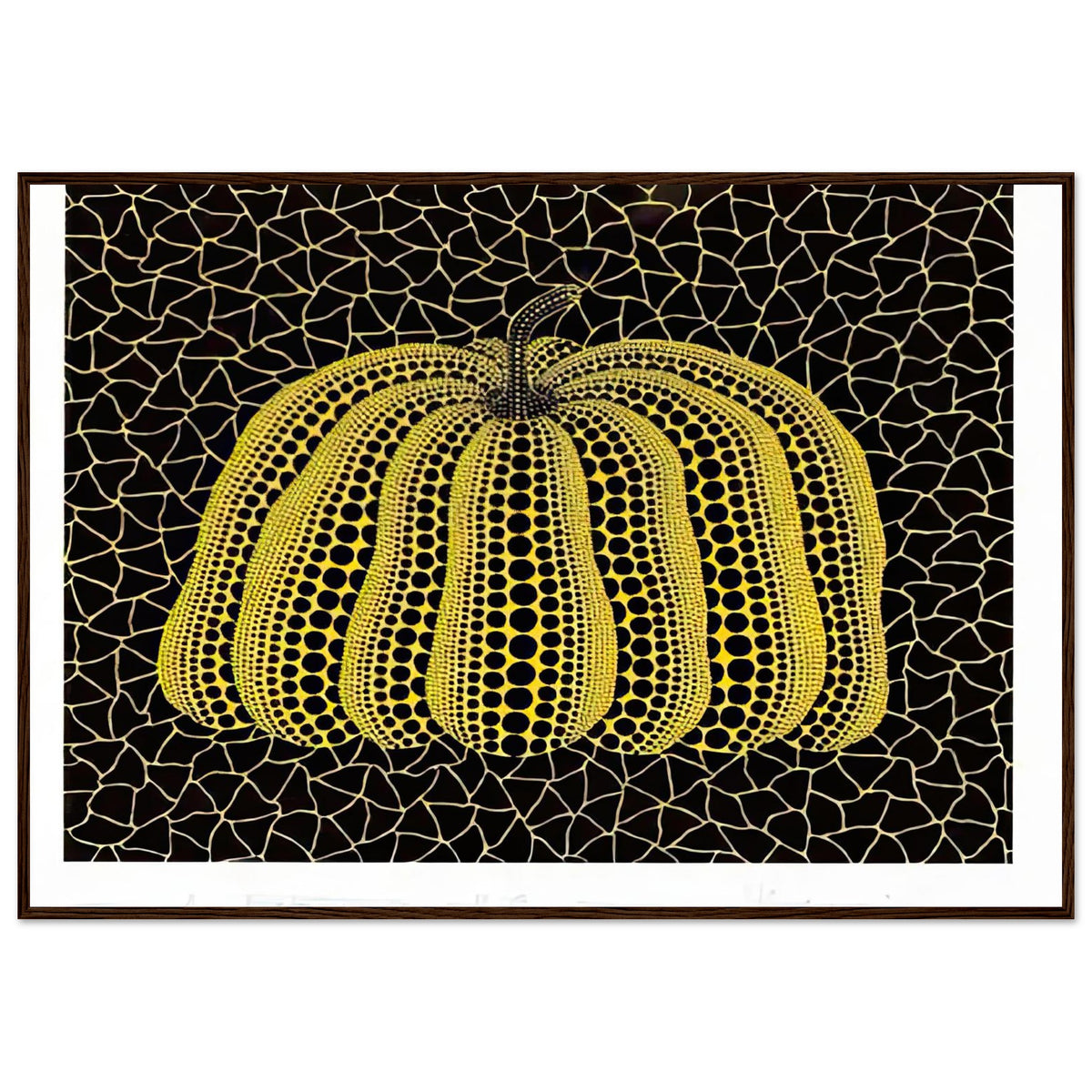 Yayoi Kusama framed print — Pumpkin (YB-B) [Kusama 327] revisits Kusama’s best-known vegetable through the relationship between its distinctive form and repeating ornament, dark wood frame, 70x100 cm / 28x40″