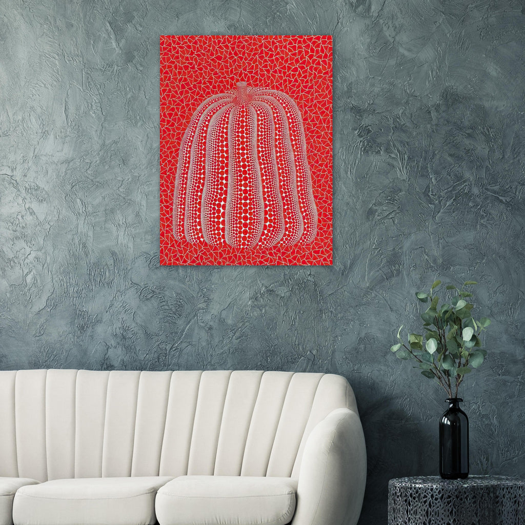 Yayoi Kusama poster — This red pumpkin image uses a familiar gourd as the foundation for an especially vivid statement