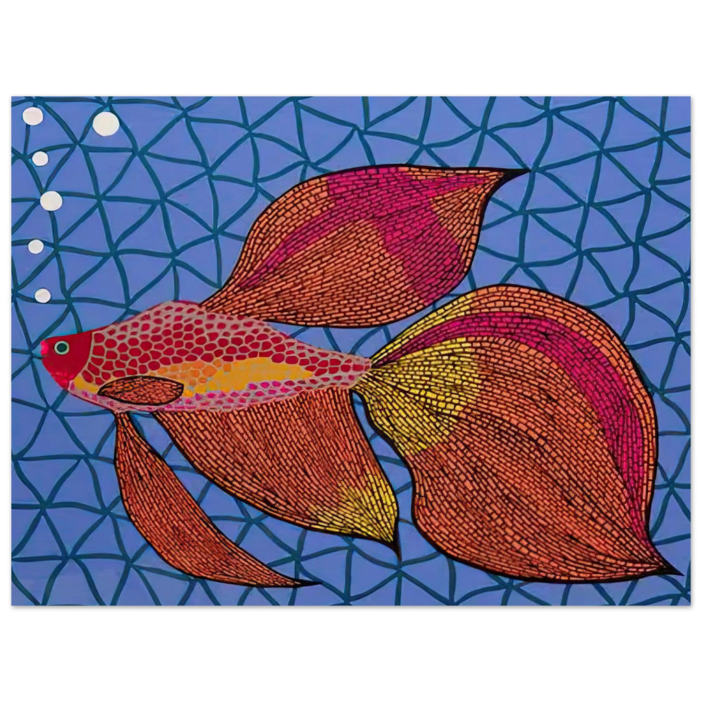Yayoi Kusama poster — Goldfish shifts Kusama’s attention from land-based motifs to an aquatic creature whose graceful outline invites a playful graphic treatment, 15x20 cm / 6x8″