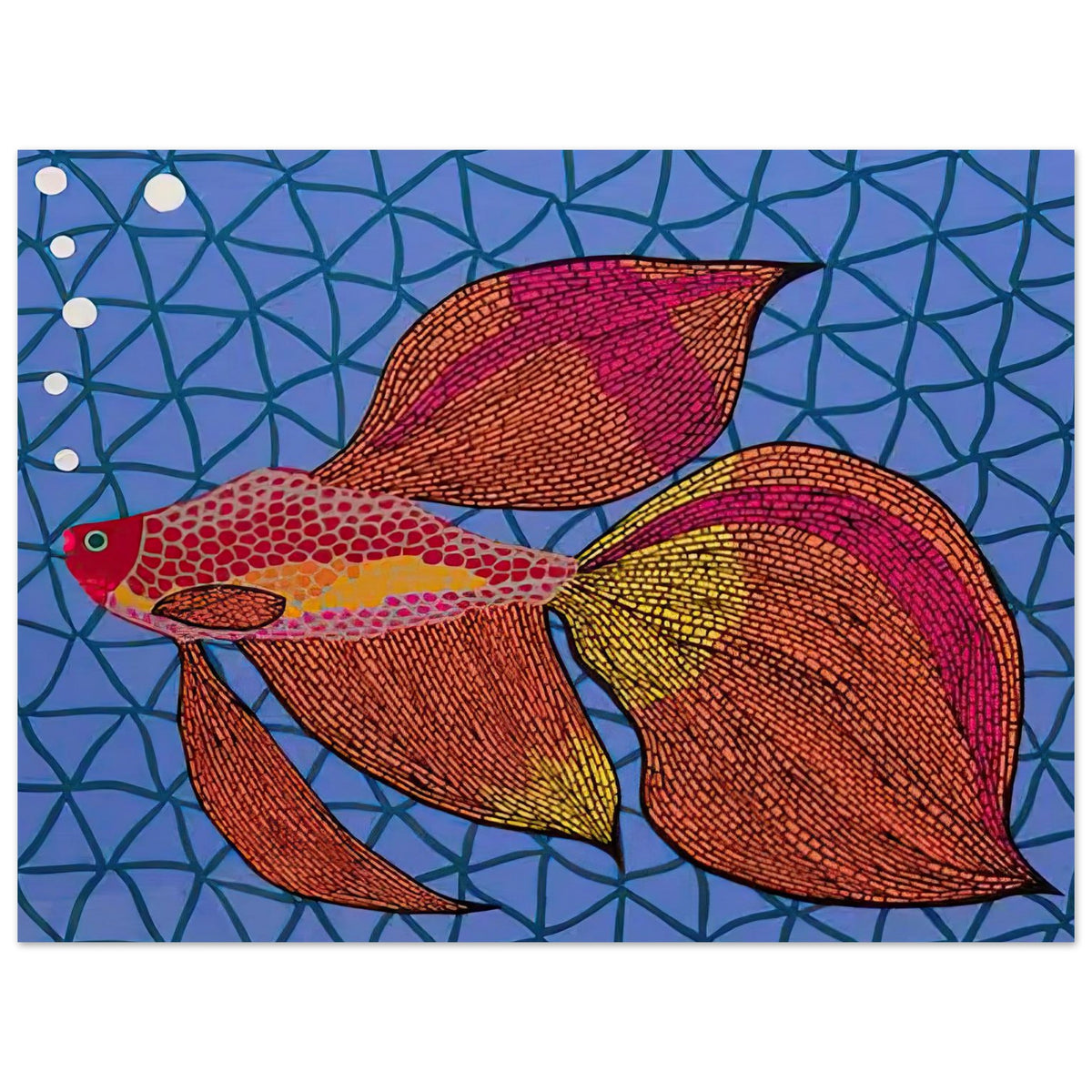 Yayoi Kusama poster — Goldfish shifts Kusama’s attention from land-based motifs to an aquatic creature whose graceful outline invites a playful graphic treatment, 15x20 cm / 6x8″