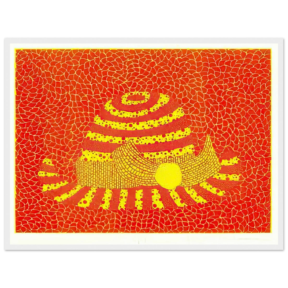 Yayoi Kusama framed print — Hat (Orange) presents a familiar accessory as an exercise in changing color and graphic character, white frame, 45x60 cm / 18x24″