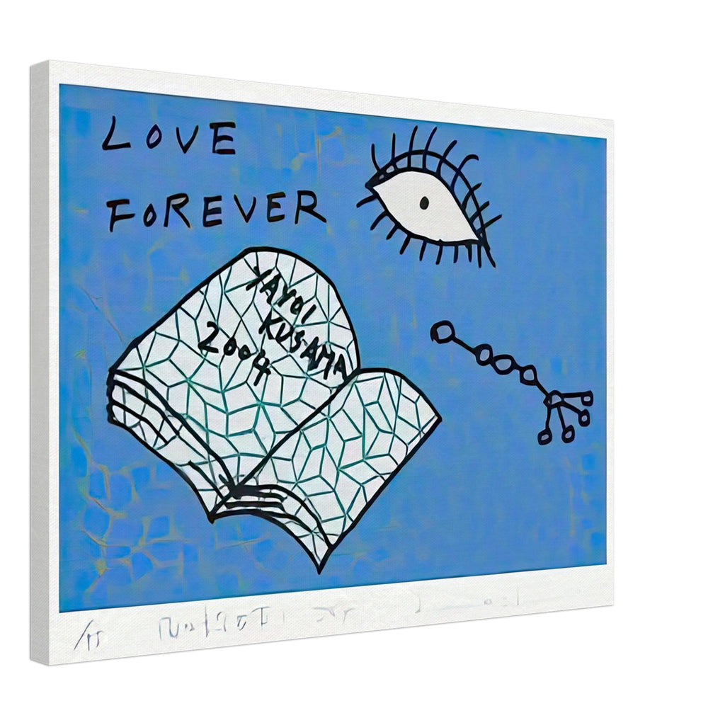 Yayoi Kusama canvas print — Book to Read at Night D places an illustrated book at the center of a strange, poetic visual world, 45x60 cm / 18x24″