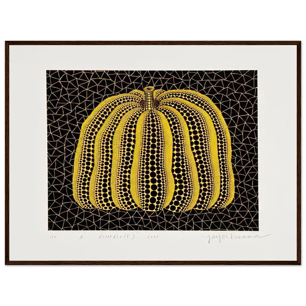 Yayoi Kusama framed print — Pumpkin (Y) is one precisely named variation on Yayoi Kusama’s iconic pumpkin theme, dark wood frame, 60x80 cm / 24x32″