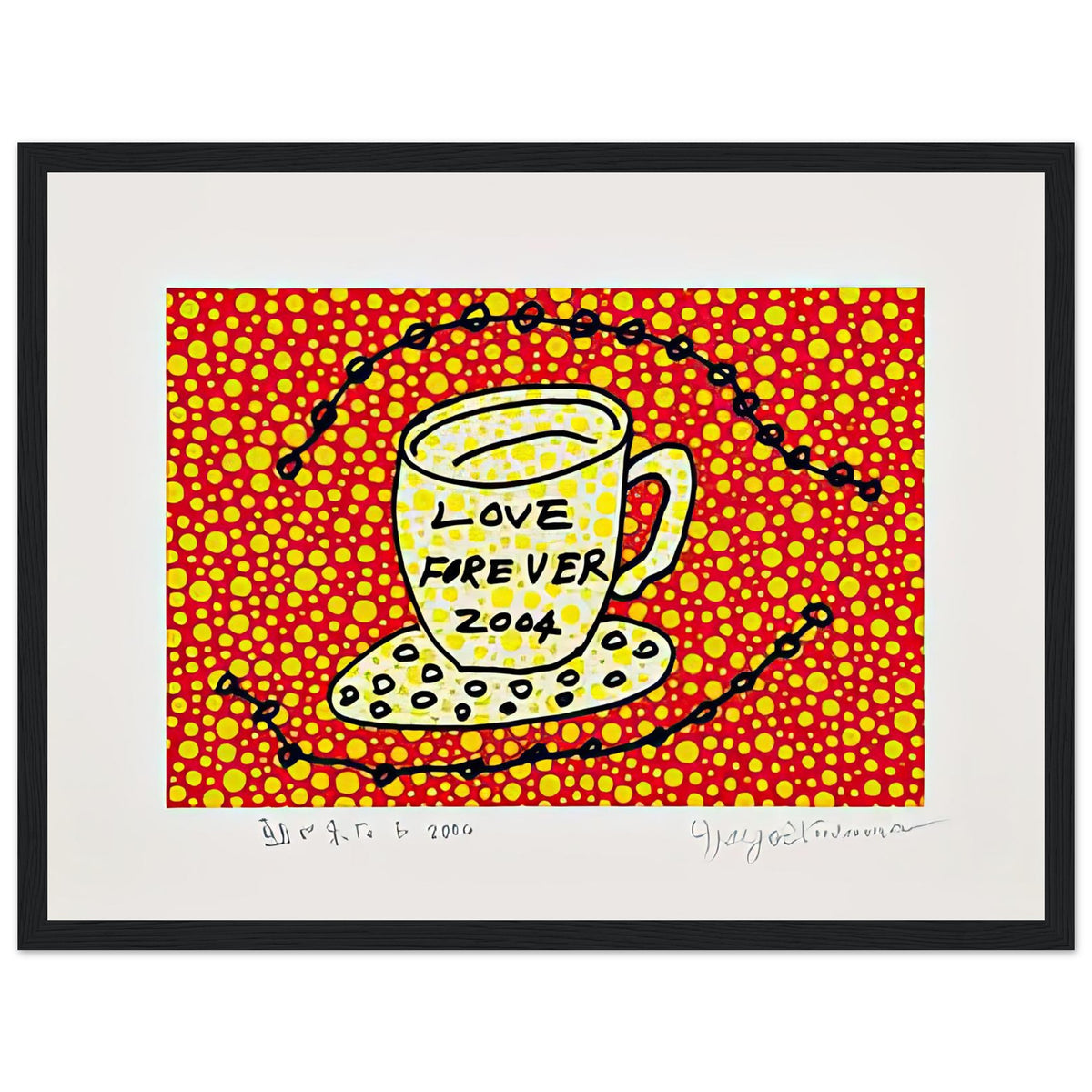 Yayoi Kusama framed print — Morning Is Here (E) joins a series of compact 2004 prints in which the beginning of the day becomes a subject for personal symbols and tightly controlled graphic, black frame, 30x40 cm / 12x16″