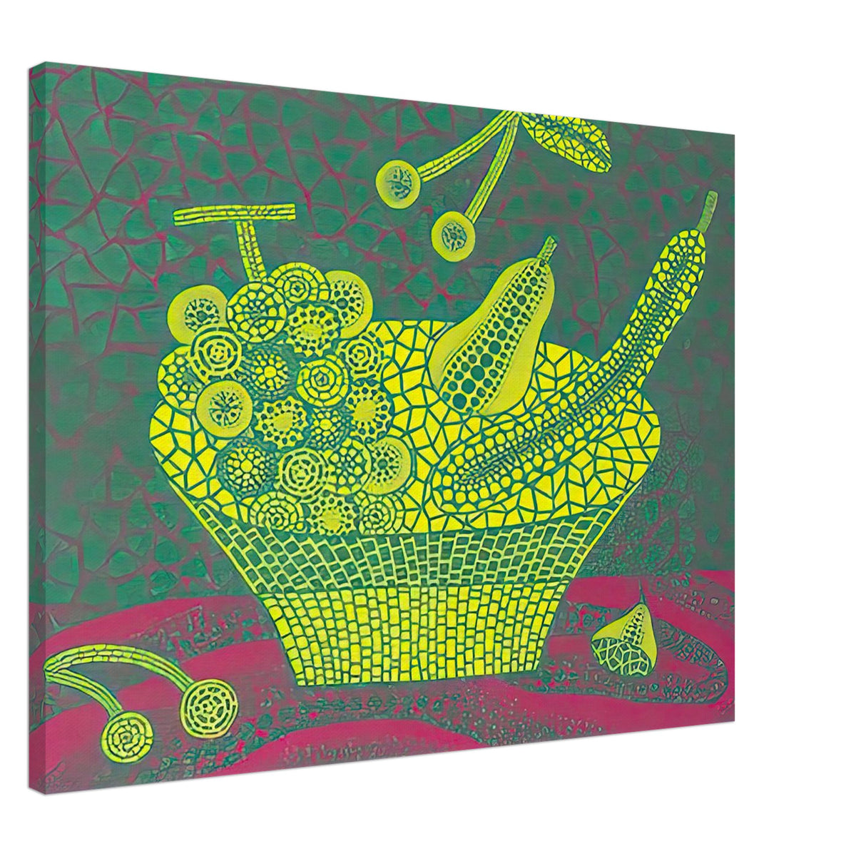 Yayoi Kusama canvas print — Fruit Basket (4) by Yayoi Kusama explores one of the artist’s recurring subjects: the abundance of ordinary fruit, 60x80 cm / 24x32″