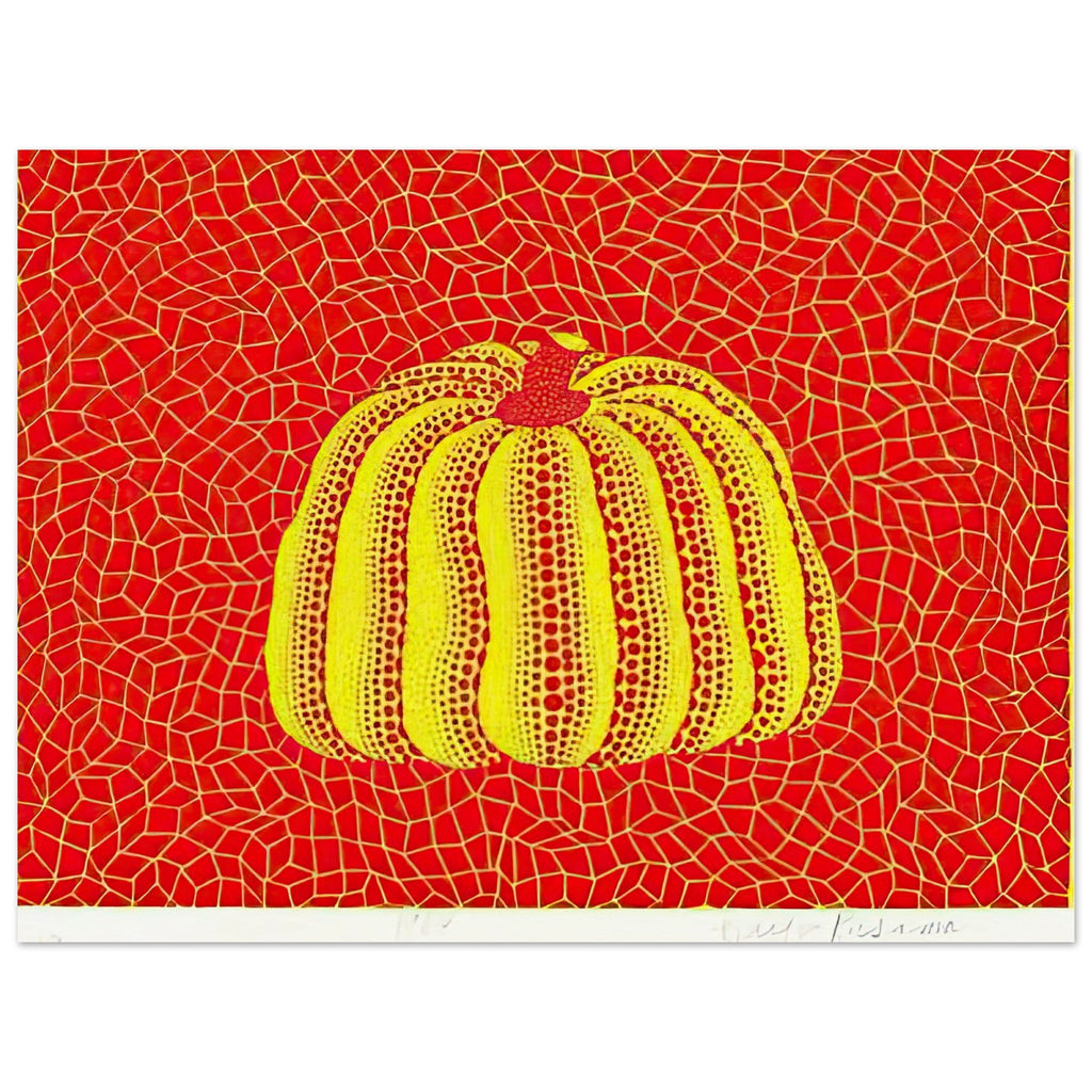 Yayoi Kusama poster — Pumpkin Orange presents Kusama’s familiar pumpkin through an explicitly orange variation, 15x20 cm / 6x8″