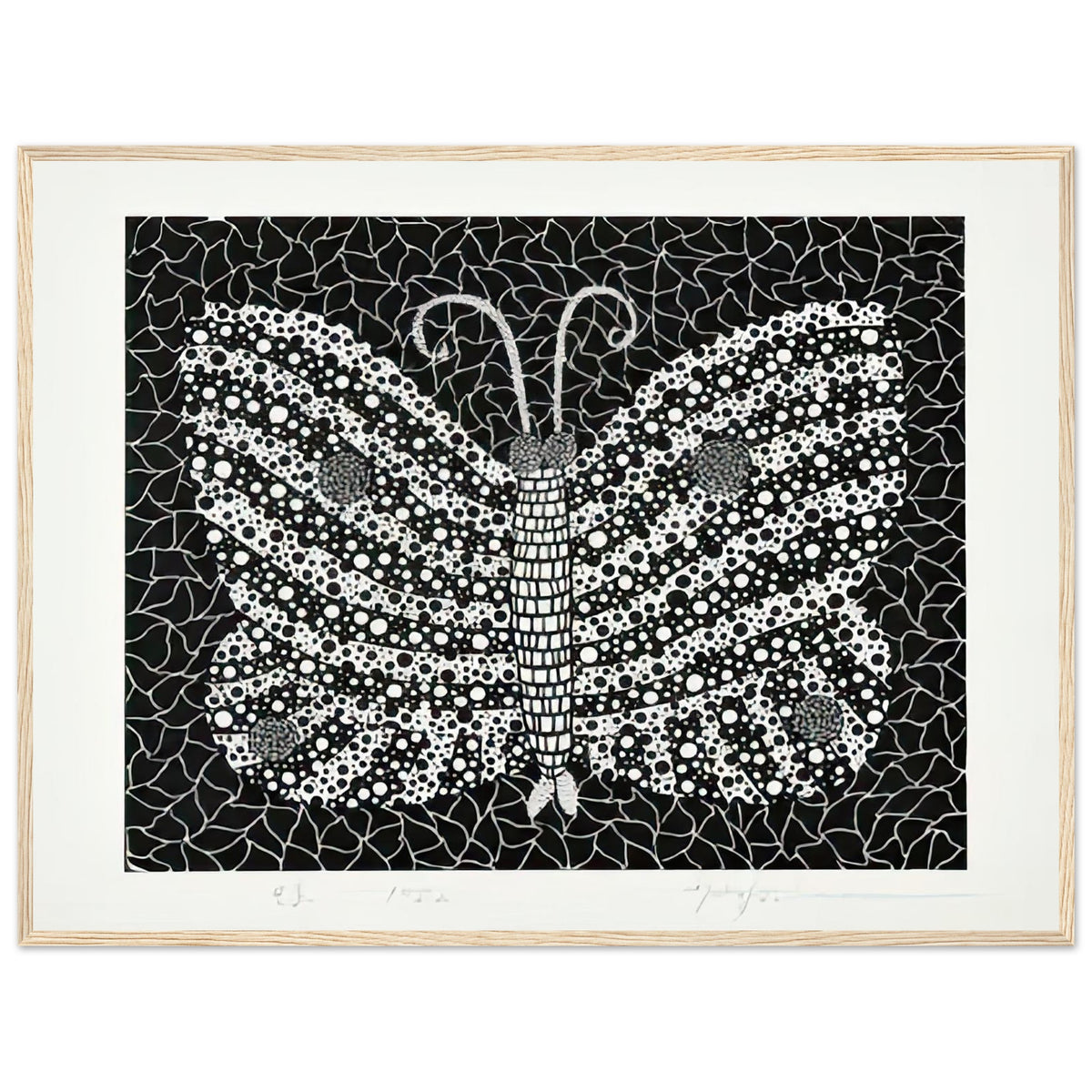 Yayoi Kusama framed print — Butterfly [Kusama 18] by Yayoi Kusama takes the lightness of a butterfly and gives it graphic intensity through pattern, wood frame, 60x80 cm / 24x32″
