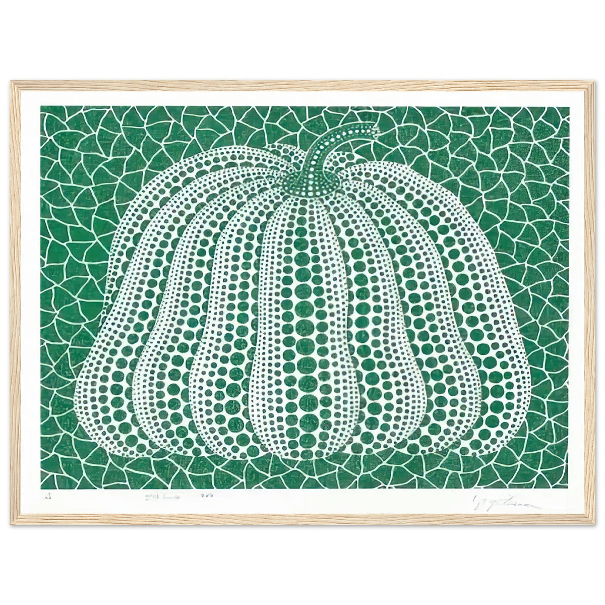 Yayoi Kusama framed print — Pumpkin Green presents Kusama’s familiar pumpkin through an explicitly green variation, wood frame, 45x60 cm / 18x24″