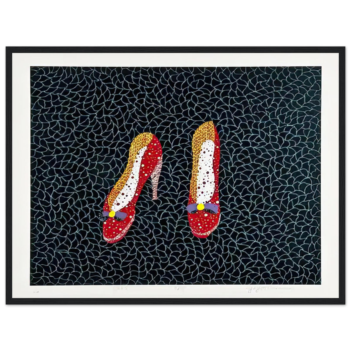 Yayoi Kusama framed print — Shoes (2) turns a footwear object into an image about shape, balance and individuality, black frame, 45x60 cm / 18x24″