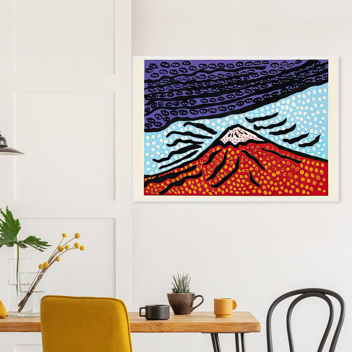 Yayoi Kusama framed print — Mt. Fuji Is the Home of My Heart presents Japan’s most recognizable mountain as a subject of personal belonging rather than simple